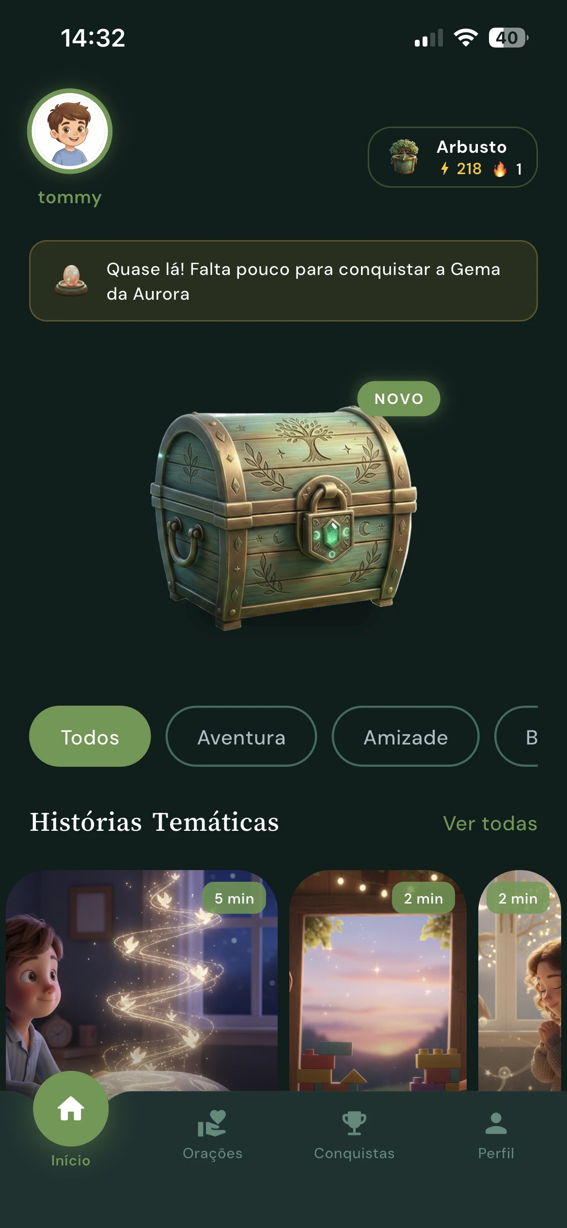 Tela inicial do BeHere com histórias temáticas