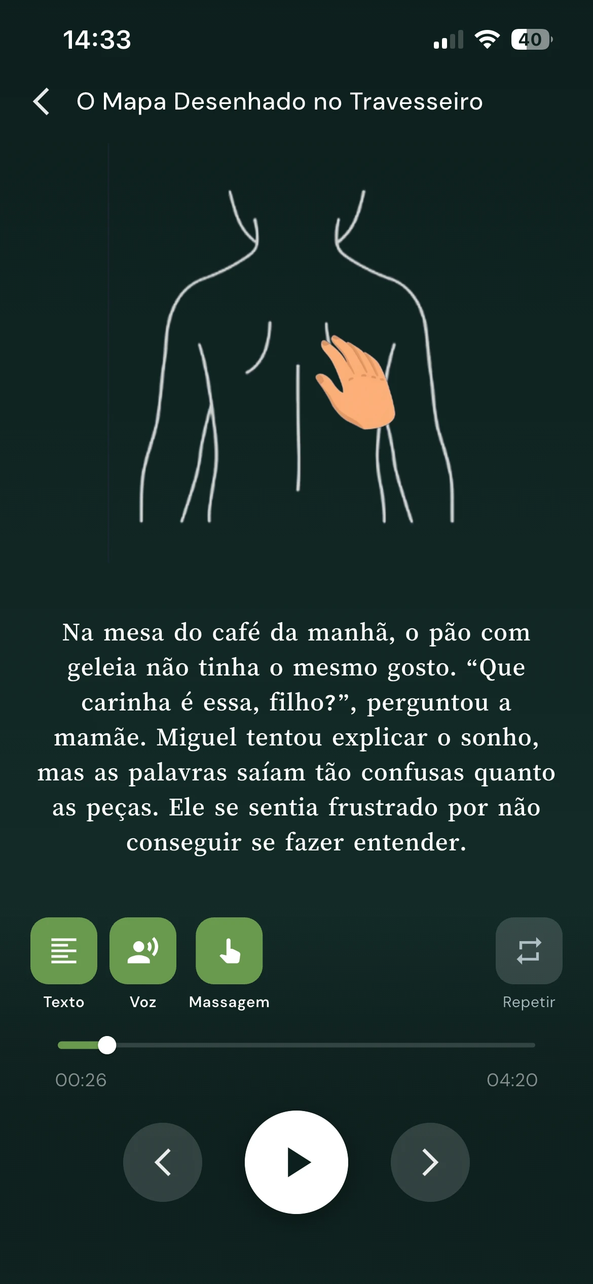Player do BeHere com texto, voz e massagem guiada
