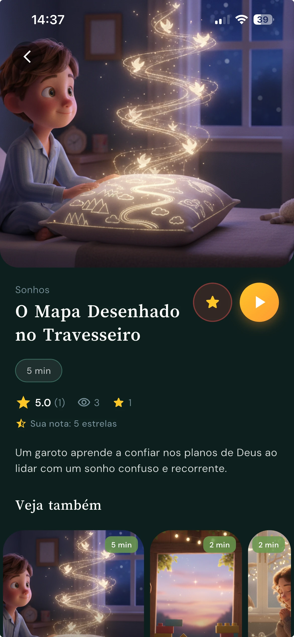 Detalhe de uma história no BeHere, com ilustração e avaliação